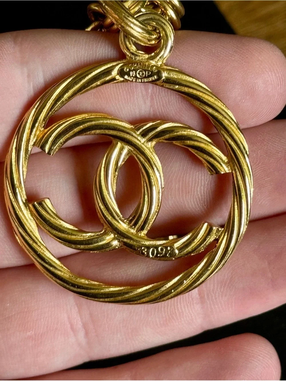 Vintage ‘93 Chanel Gold-Tone CC Pendant Necklace w box and gift bag.
